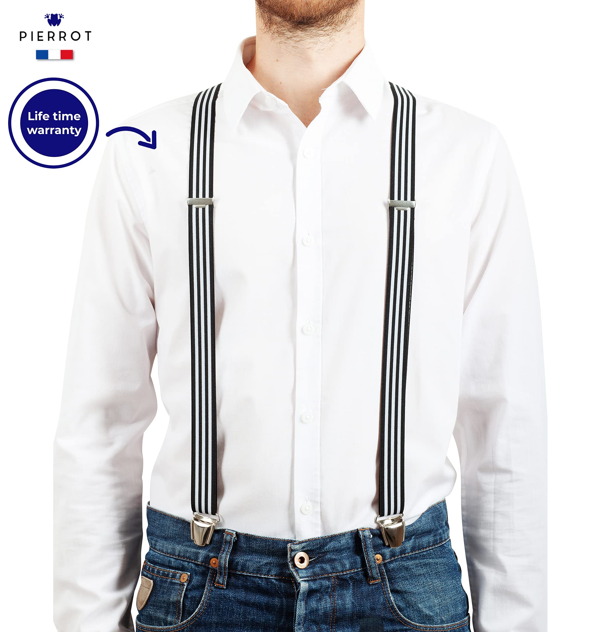 PIERROT Skinny Suspenders for Men with Very Strong Clips - One Size Adjustable and Elastic - Thin Heavy Duty Braces - Image 3