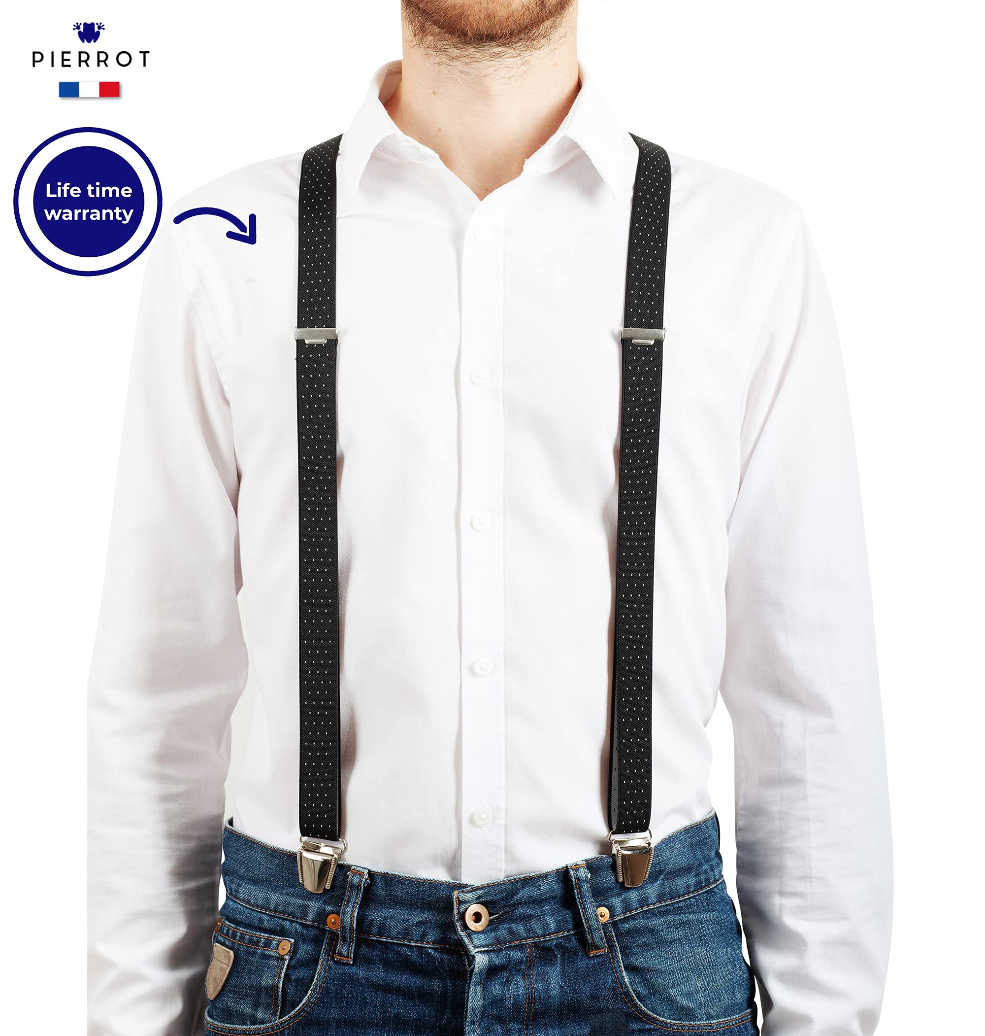 PIERROT Skinny Suspenders for Men with Very Strong Clips - One Size Adjustable and Elastic - Thin Heavy Duty Braces - Image 3