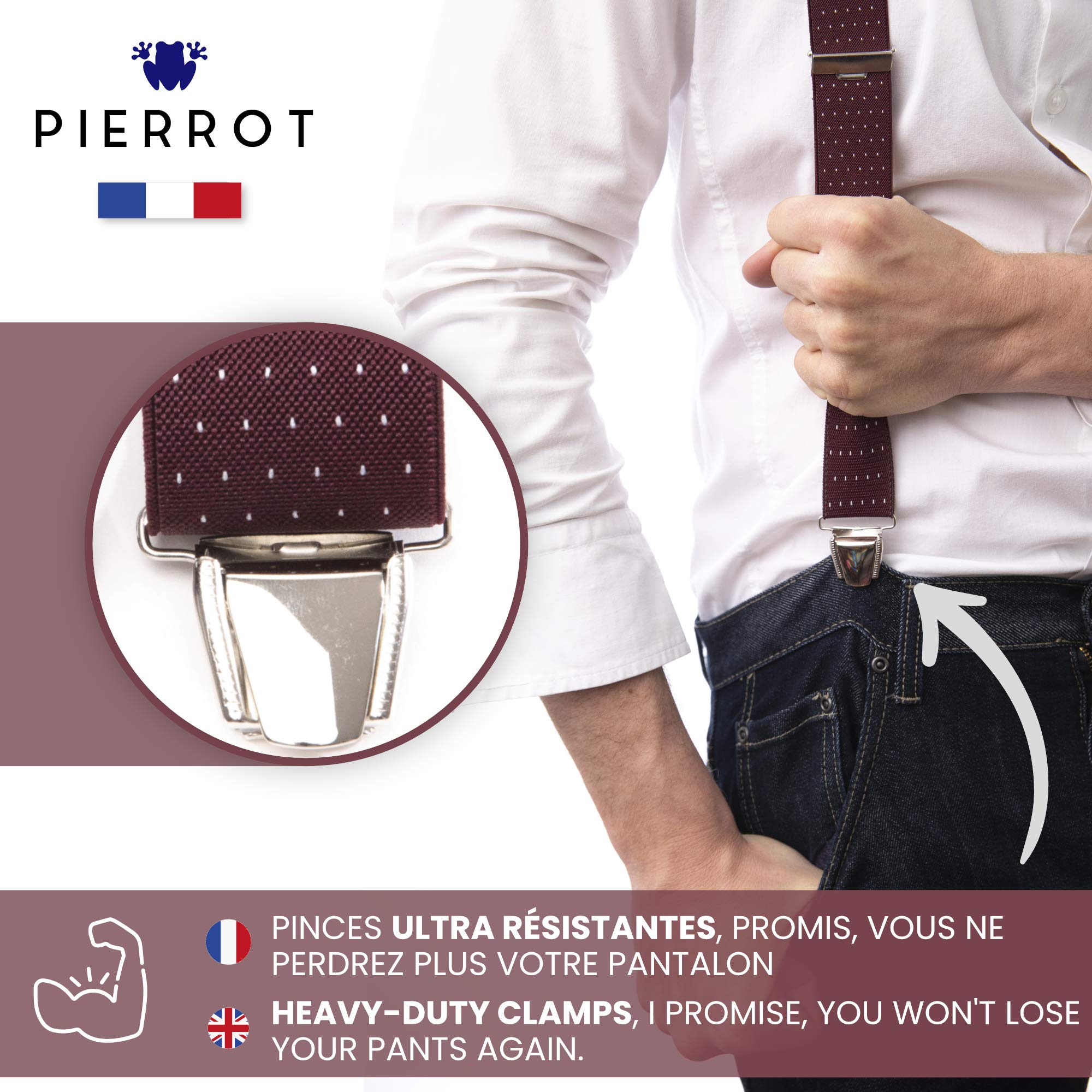 PIERROT Skinny Suspenders for Men with Very Strong Clips - One Size Adjustable and Elastic - Thin Heavy Duty Braces - Image 5